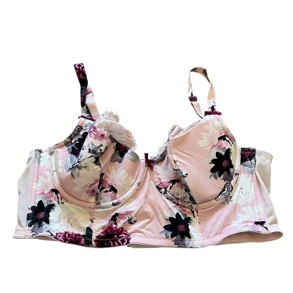 Cacique Pink Floral Lightly Lined French Balconette Bra Lace Trim 42C